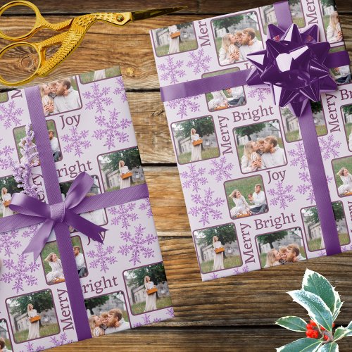 Snowflake Purple Glam 3 Photo Collage Christmas Wrapping Paper