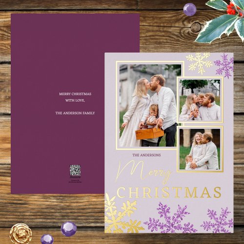Snowflake Purple Glam 3 Photo Collage Gold Foil Holiday Card