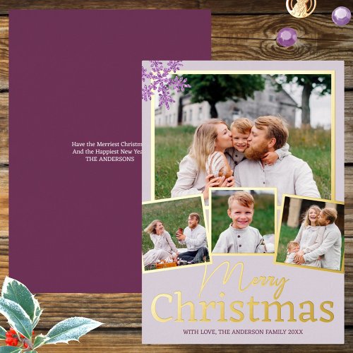 Snowflake Purple Glam 4 Photo Collage Gold Foil Holiday Card