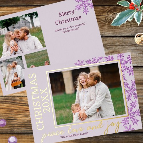 Snowflake Purple Glam 4 Photo Year Chic Gold Foil Holiday Card