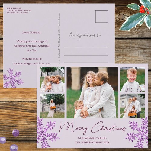 Snowflake Purple Glam 5 Family Photo Christmas Holiday Postcard