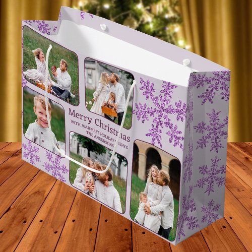 Snowflake Purple Glam 5 Photo Collage Christmas Large Gift Bag