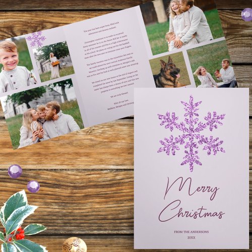 Snowflake Purple Glam 6 Pic Merry Multi Photo Tri_Fold Holiday Card
