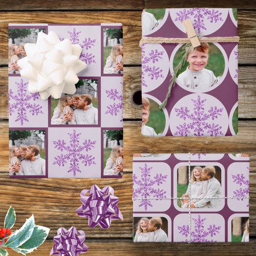 Snowflake Purple Glam Classic 3 Photo Christmas Wrapping Paper Sheets