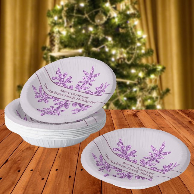 Snowflake Purple Glam Cute Christmas Party Paper Bowls (These festive personalized holiday bowls with purple snowflakes are fun for your Christmas parties)