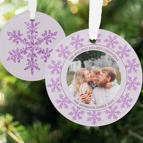 Snowflake Purple Glam Cute Christmas Round Photo Ornament