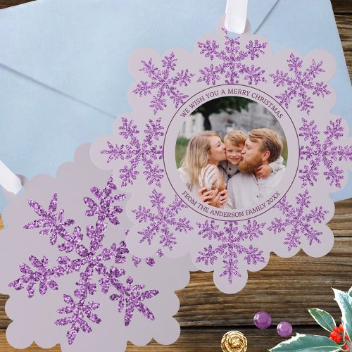 Snowflake Purple Glam Cute Family Photo Christmas Ornament Card