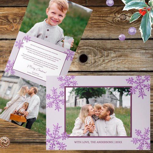 Snowflake Purple Glam Elegant 5 Photo Collage Tri_Fold Holiday Card