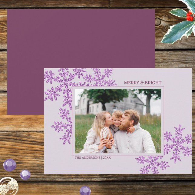 Snowflake Purple Glam Elegant Christmas Photo Holiday Card (This Christmas color trend is PURPLE and these custom Christmas cards feature your favorite photo)