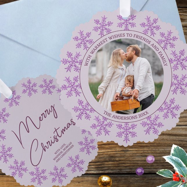 Snowflake Purple Glam Elegant Photo Christmas Ornament Card (Add your photo & text to these fun purple snowflake ornament cards for a festive Christmas surprise)