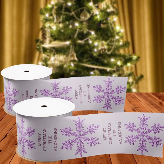 Snowflake Purple Glam Elegant Trendy Christmas Satin Ribbon (Personalize this festive purple snowflake ribbon and add a custom touch to your Christmas gifts)