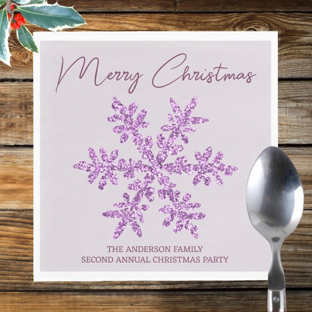 Snowflake Purple Glam Minimal Christmas Party Napkins (Personalize these trendy purple snowflake Merry Christmas paper napkins for your holiday events)