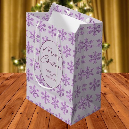 Snowflake Purple Glam Pattern Christmas Script Medium Gift Bag