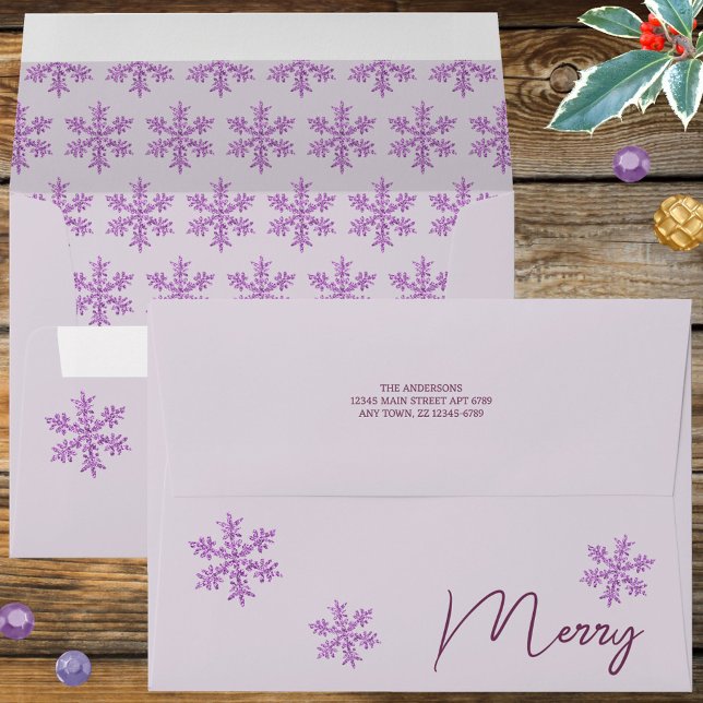 Snowflake Purple Glam Rustic Sparkle Christmas Envelope (Festive faux glitter snowflakes Christmas envelopes in purple  for holiday cards or party invites)