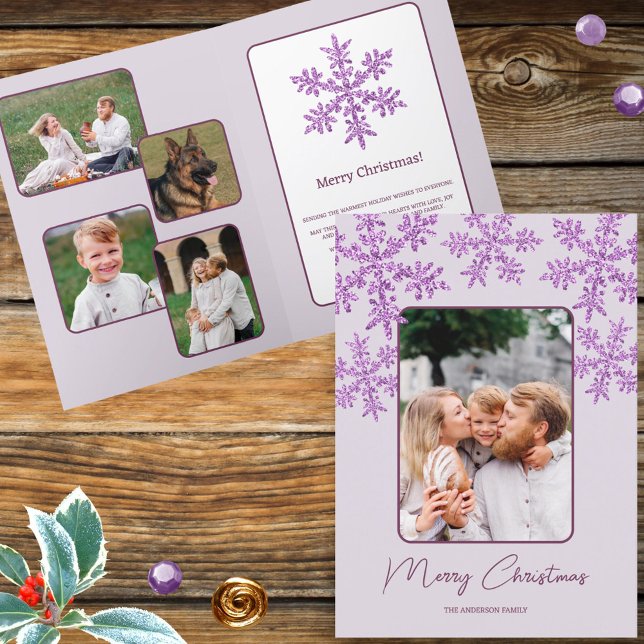 Snowflake Purple Glam Trendy Script Chic 5 Photo Holiday Card (Your five photos and text will make these faux purple glitter snowflake Christmas cards unique)