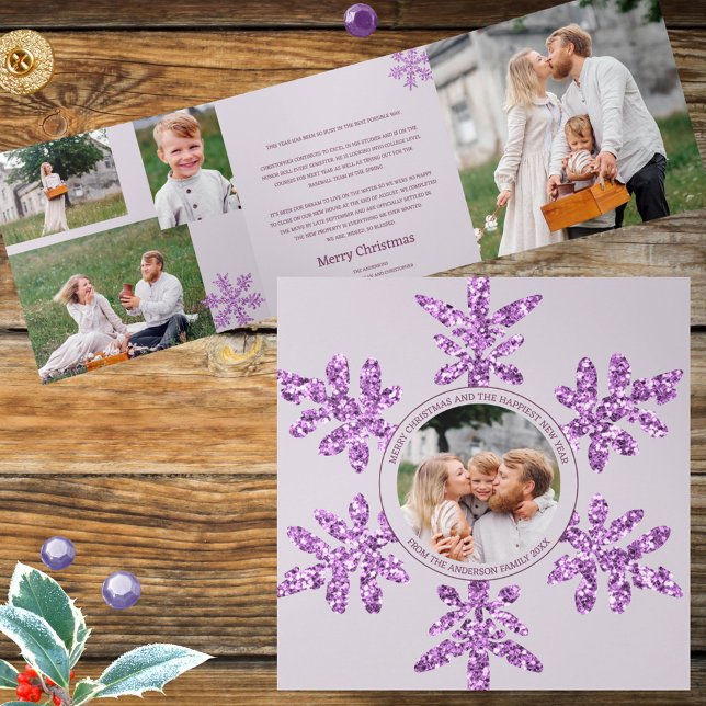 Snowflake Purple Glam Unique 7 Pic Multi Photo Tri-Fold Holiday Card (Tri-fold Christmas cards with your photos and purple faux glitter snowflakes - what's not to love?)