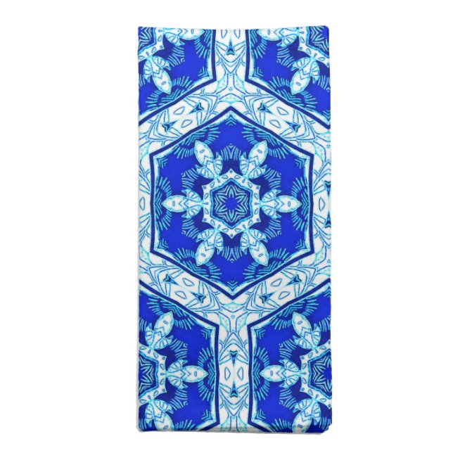Snowflake Quit Pattern - Cobalt Blue and White Cloth Napkin (Folded)