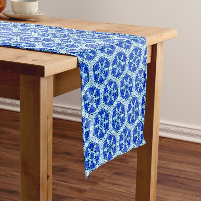 Snowflake Quit Pattern - Cobalt Blue and White Short Table Runner (In Situ)