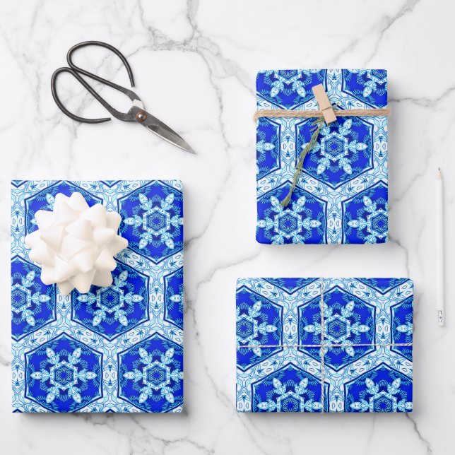 Snowflake Quit Pattern - Cobalt Blue and White  Wrapping Paper Sheets (Front)