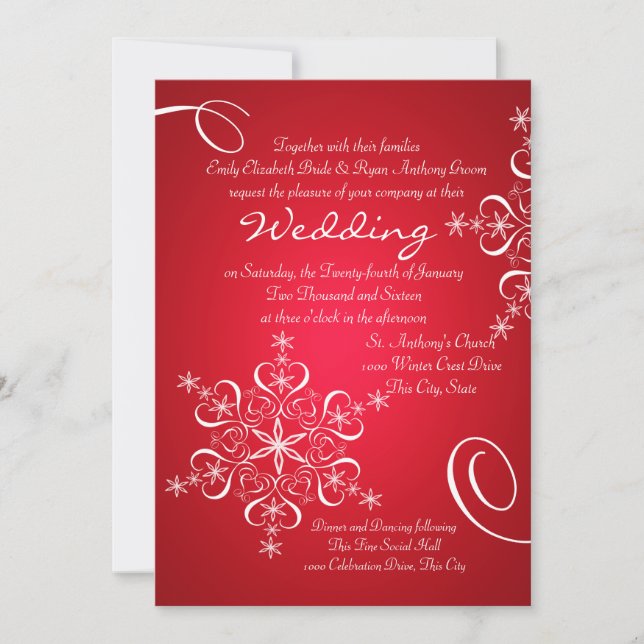 Snowflake Red 2 Winter Wedding Invitation (Front)