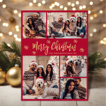Snowflake Red and Gold 5 Photo Collage Christmas  Holiday Card<br><div class="desc">Modern Simple Elegant Calligraphy Red and Gold Snowflake 5 Photo Collage Merry Christmas Script Holiday Card. This festive, minimalist, whimsical five (5) photo holiday greeting card template features a pretty grid photo collage, some snowflake and says „Merry Christmas”! The „Merry Christmas” greeting text is written in a beautiful hand lettered...</div>
