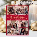 Snowflake Red and Gold 5 Photo Collage Christmas  Holiday Card<br><div class="desc">Modern Simple Elegant Calligraphy Red and Gold Snowflake 5 Photo Collage Merry Christmas Script Holiday Card. PLEASE NOTE, THESE 6.5" X 8.75" SIZE CARDS ARE LARGER THAN AVERAGE, DUE TO THE LARGER CARD SIZE, IT'S ALMOST CERTAIN THAT THE POSTAGE COSTS WILL BE HIGHER. IF YOU PREFER THE STANDARD 5X7" SIZE,...</div>