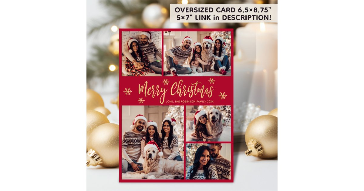 Snowflake Red and Gold 5 Photo Collage Christmas Holiday Card | Zazzle