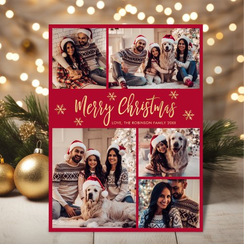 Snowflake Red and Gold 5 Photo Collage Christmas  Holiday Card