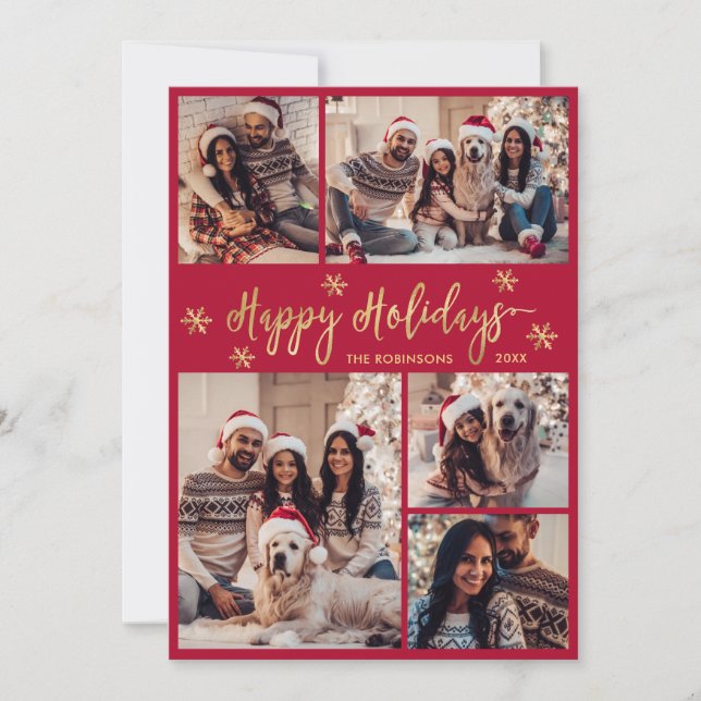 Snowflake Red and Gold 5 Photo Collage Christmas Holiday Card (Front)