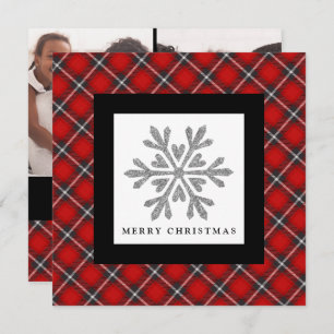 Snowflake Red Black Plaid 2 Photo Christmas Card