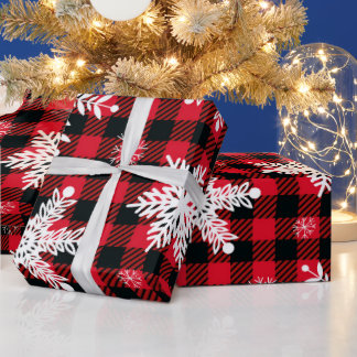 Snowflake Red Black Plaid Wrapping Paper