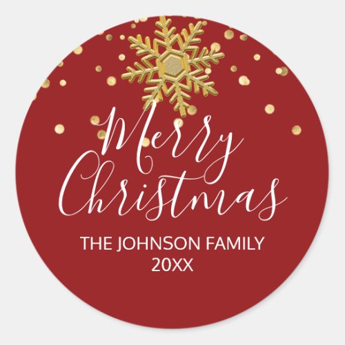 Snowflake RED Gold Confetti Merry Christmas Classic Round Sticker