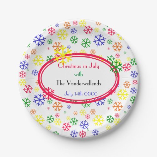 Snowflake red green blue yellow Christmas in July  Paper Plates