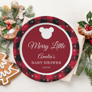 Snowflake Red Plaid Merry Little Baby Shower Paper Plates