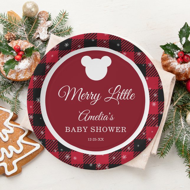 Snowflake Red Plaid Merry Little Baby Shower Paper Plates (Creator Uploaded)