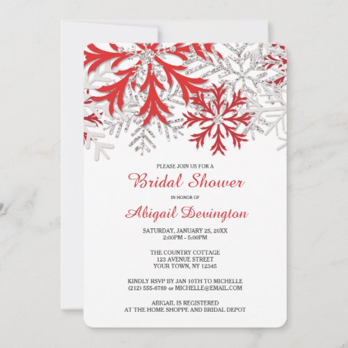 Snowflake Red Silver Winter Bridal Shower Invitation