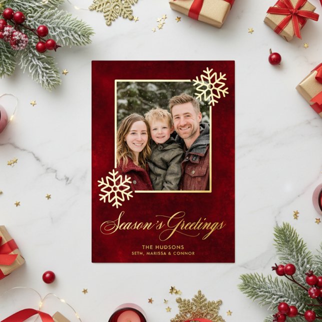 Snowflake Red Velvet Photo Seasons Greetings Foil Holiday Card (Creator Uploaded)