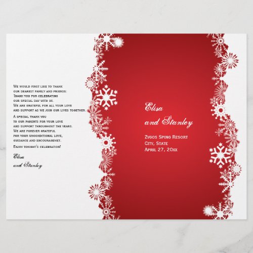 Snowflake red white wedding folded program