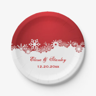 Snowflake red white winter modern wedding paper plates