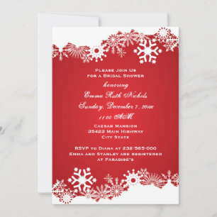 Snowflake red white winter wedding bridal shower invitation