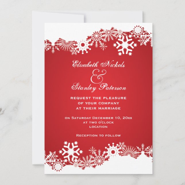 Snowflake red white winter wedding invitation (Front)