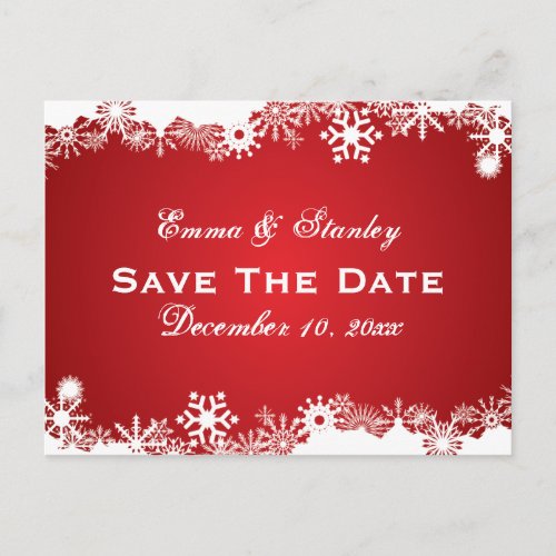 Snowflake red white winter wedding Save the Date Announcement Postcard