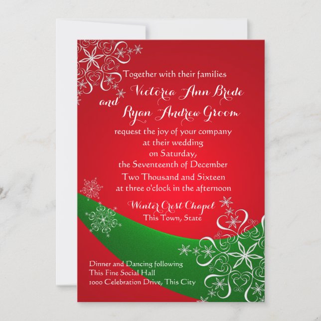 Snowflake Red with Green Winter Wedding Invitation (Front)