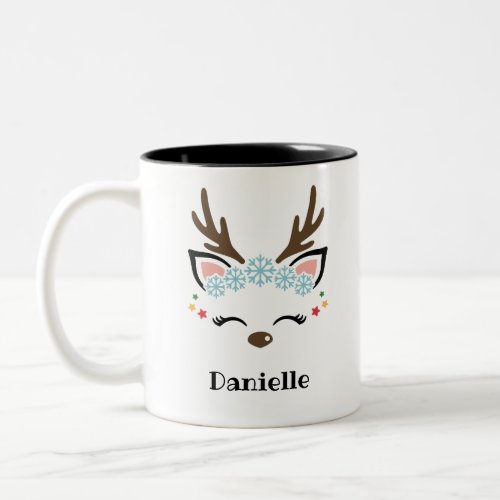 Snowflake Reindeer Face Personalized Name Holiday Two_Tone Coffee Mug