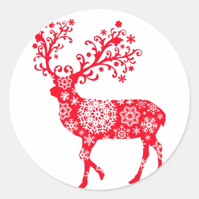 Snowflake Reindeer - Red Classic Round Sticker (Front)