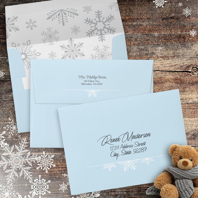 Snowflake Return Addressed Blue Winter Baby Shower Envelope (Cute gray and white light blue snowflake boy winter baby shower invitation return addressed envelope)