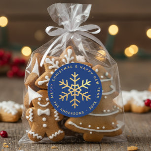 Snowflake Royal Blue Elegant Faux Gold Christmas Classic Round Sticker