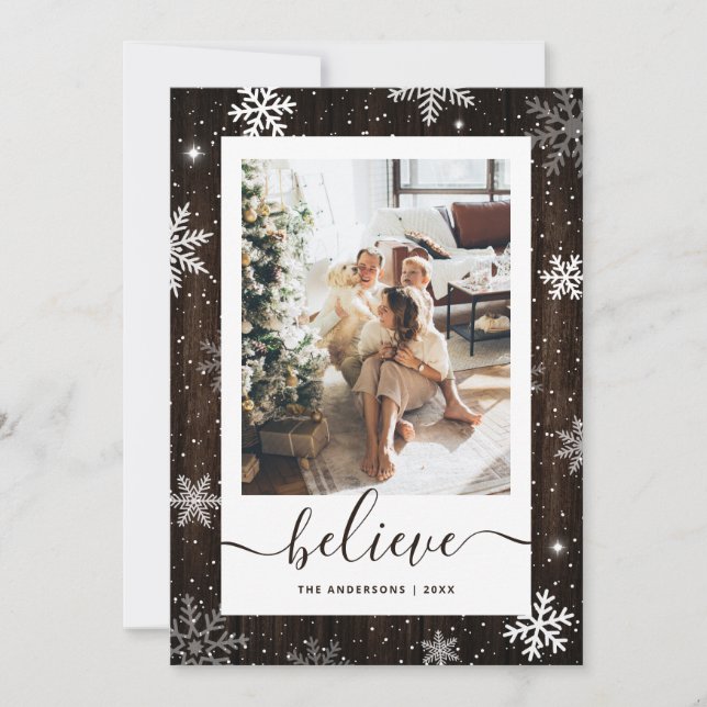 Snowflake Rustic Wood Photo Believe Holiday Card (Front)