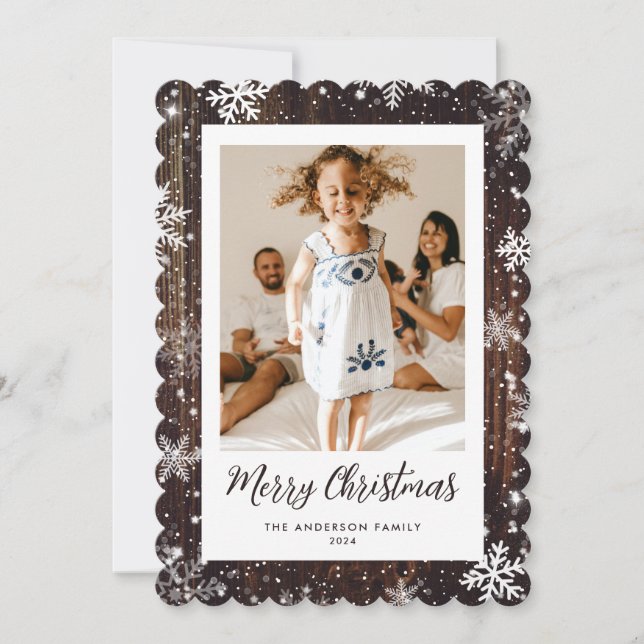Snowflake Rustic Wood Photo Merry Christmas Card (Front)