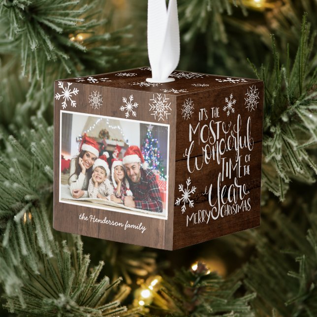 Snowflake Rustic Wood Wonderful Time of Year Cube Ornament (Tree)